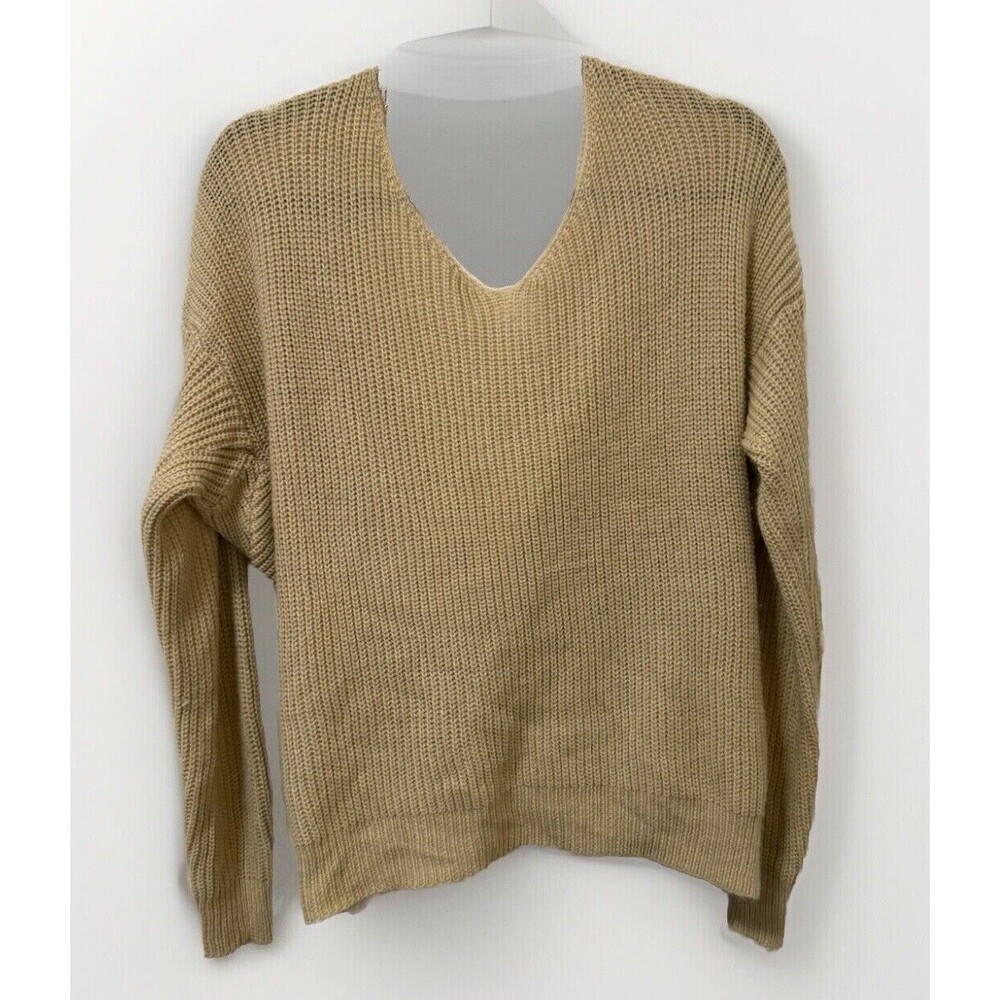 Tan Natural twist knit top reversible Sz Med long sleeve sweater plunging Vneck - Picture 2 of 4